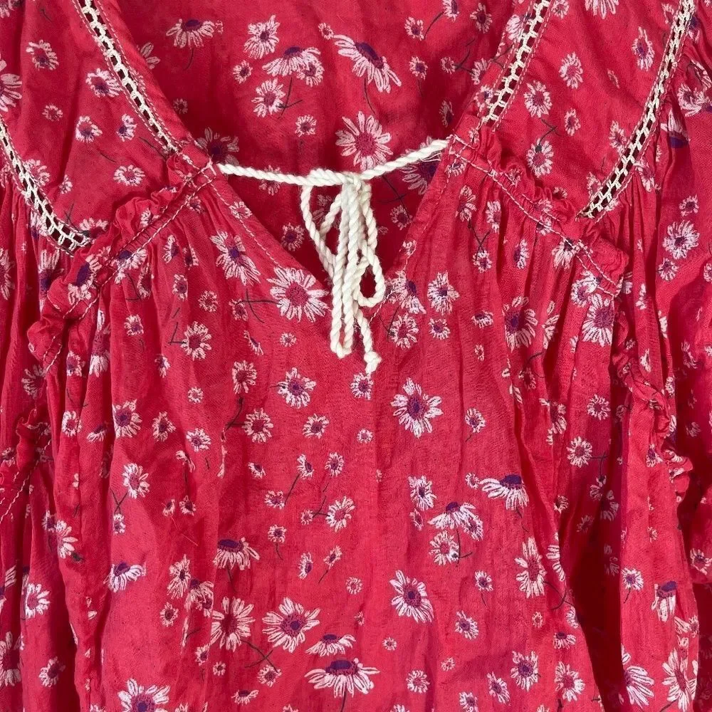 Free People Never‎ A Dull Moment Red Daisy Print Boho Top  SEE DESCRIPTION Sz S